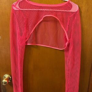 SHEIN Trendy New Shrug Vibrant Pink Mesh Fishnet Long Sleeve Top Rave